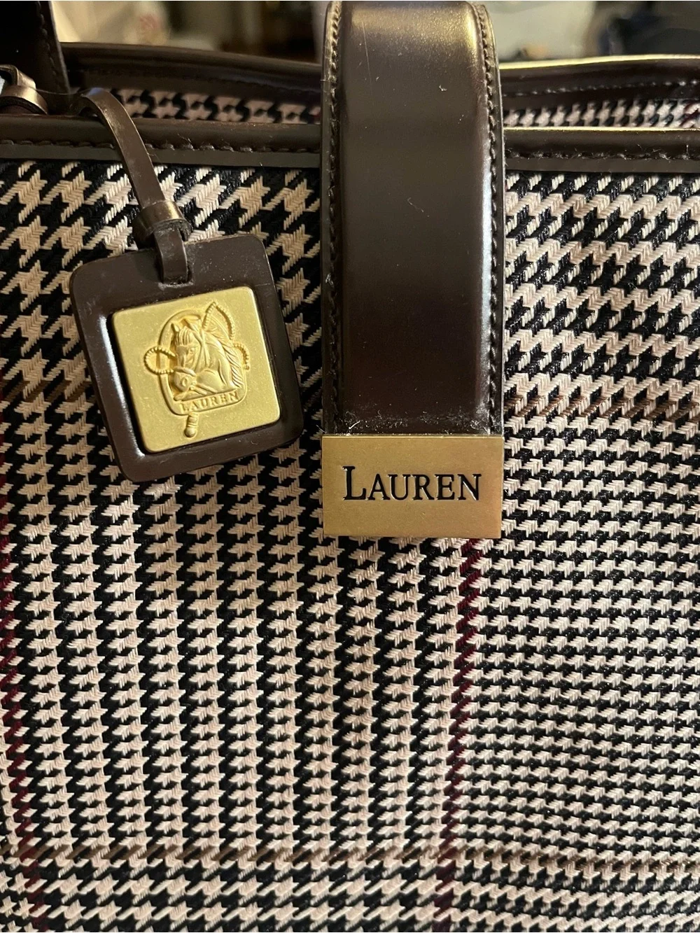 Ralph Lauren Black and White Houndstooth Tote with Subtle Red Stripes